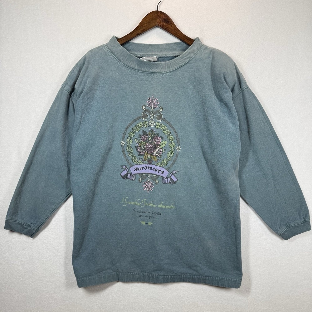 Express Sweatshirt Womens L Green Floral Jardinieres Shoulder Pads‎ USA Made